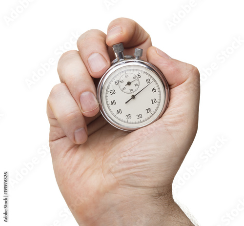 man's hand with stop watch isolated on white background