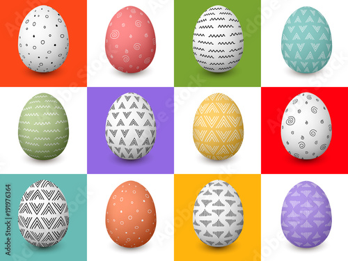 Set of 12 Easter white and colored festive decorated eggs with simple abstract patterns and flourishes