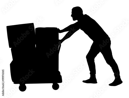 Worker man pushing wheelbarrow vector silhouette illustration isolated on white background. Walking delivery man.