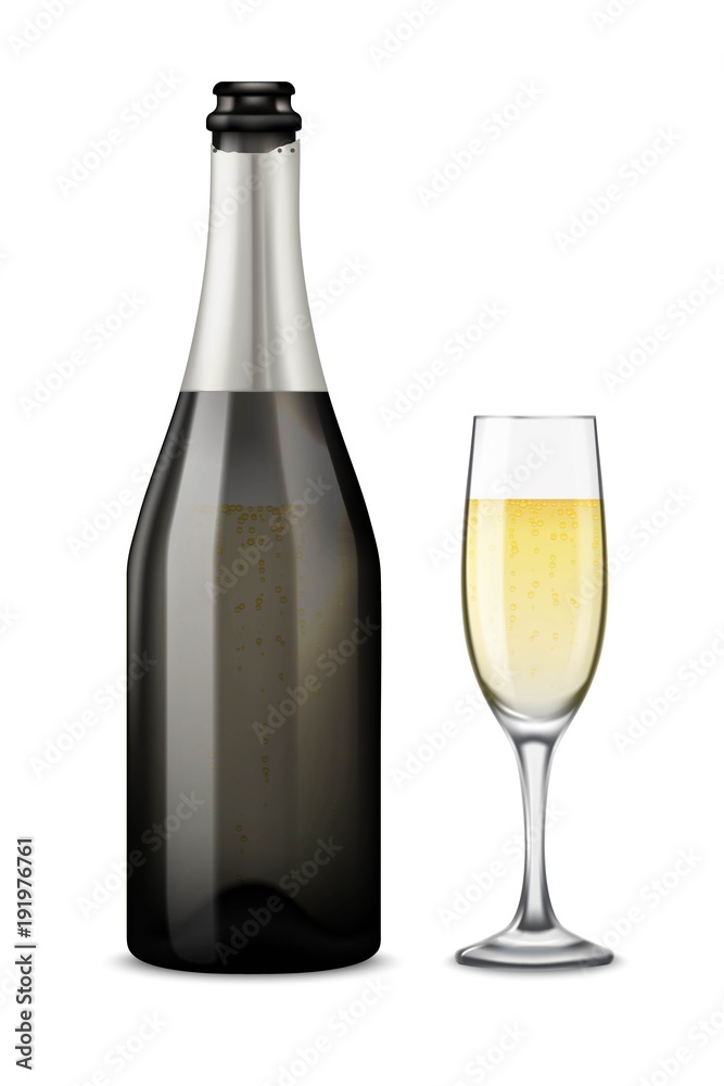 Vector Realistic black with silver open Champagne bottle and glasses with sparkling white wine isolated on white background. Vector Realistic black with silver open Champagne bottle and glasses with sparkling white wine isolated on white background.