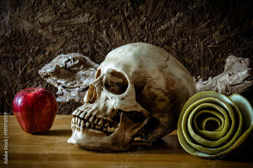 still life with skull and green apple