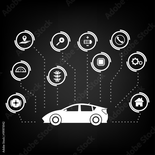 Smart cars driverless car technology autonomous vehicle system capability sign and symbol IoT trend. Vector illustration Internet of Thing technology.
