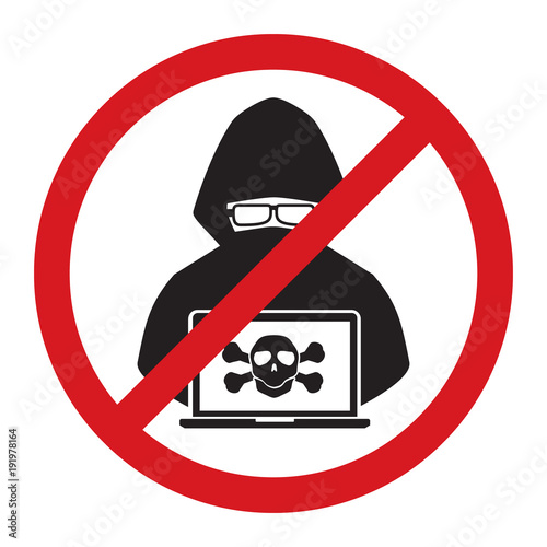 Stop hacker with cross bone forbidden signal icon on white background. Vector illustration cybercrime technology data privacy and security concept.