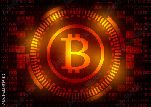 Abstract technology bitcoins logo on red gear background . Vector illustration bitcoin mining internet online technology concept.