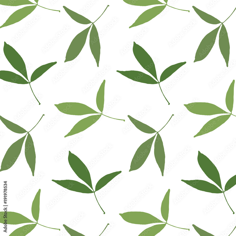 Spring pattern of hand drawn leaves on a white background. Vector illustration