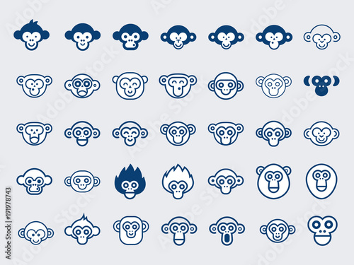 Fotografia, Obraz Big Vector Set of Monkey Icons.Outline and Glyphs