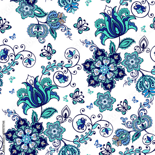 Luxurious seamless oriental ornament with fantastic flowers and paisley. Floral wallpaper. Decorative ornament for fabric, textile, wrapping paper.