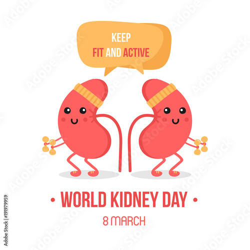 Vector illustration for world kidney day with couple of kidneys characters, giving advice to keep active and fit, doing sports.