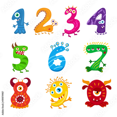 Funny cartoon numbers monster set. Collection isolated fantasy numerals for kids learning counting or mathematics. Cartoon monsters for children