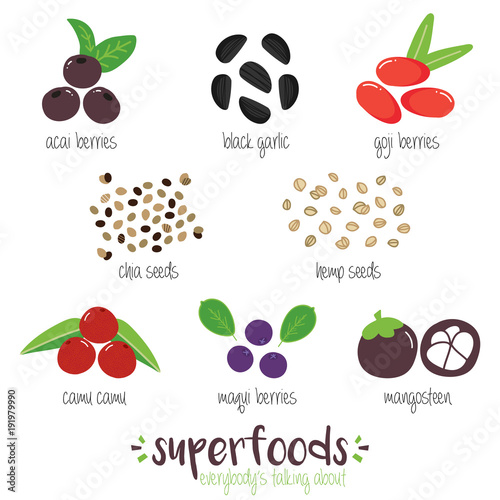 Set, collection of trendy superfoods. Doodle illustrations of acai, black garlic, goji, chia, hemp seeds, camu camu, maqui and mangosteen.