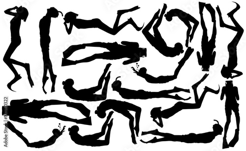 Scuba diving silhouette vector illustration isolated on white background.. Sport underwater, lake, sea, glove and flashlight, mask and snorkel. Diving school, Scuba school. Beach fun, fishing,swimming