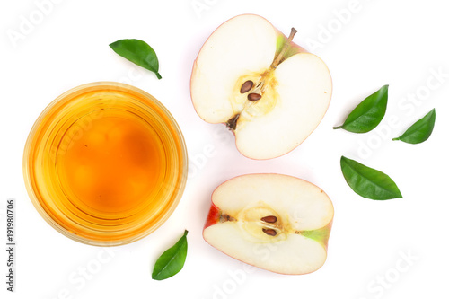 apple with juice and leaves isolated on white background top view. Flat lay pattern