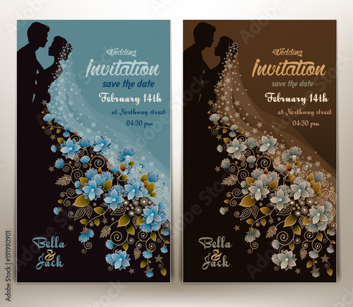 floral wedding invitation with a groom and bride