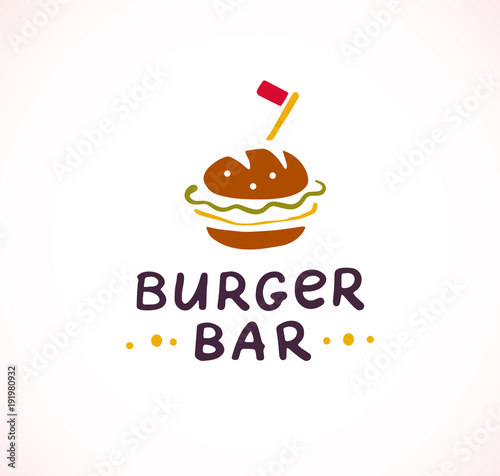 Vector burger bar logo design isolated on white background. Fast food icon hand drawn - burger symbol. Good for cafe, fast food service insignia, banner, advertising.