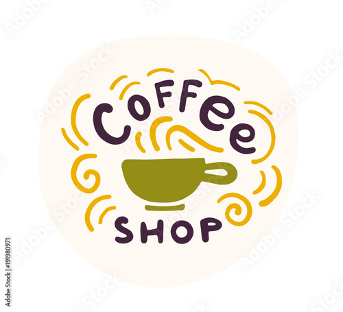 Vector flat hand drawn coffee logo template with coffee beverage cup isolated on white background. Hot coffee to go emblem, label design sample. Perfect for cafe, shop, store insignia, banner, etc.