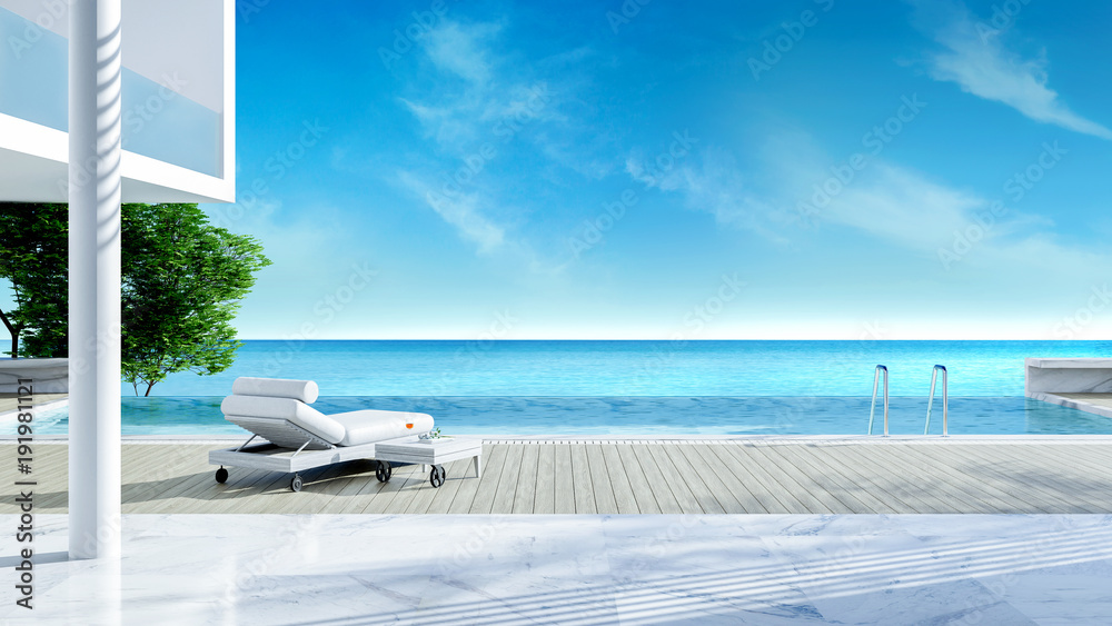 Relaxing summer,,beach lounge, sun loungers on Sunbathing deck and private swimming pool with near beach and panoramic sea view at luxury house /3d rendering