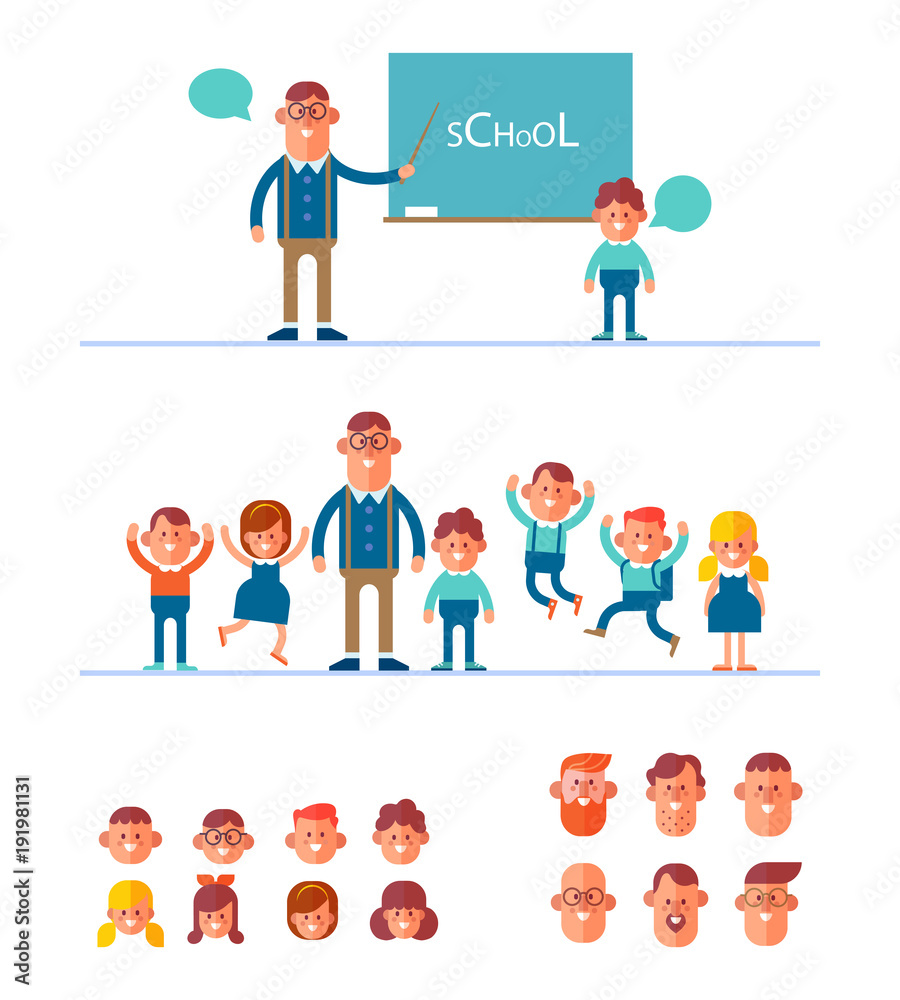 Smart teacher in glasses near a blackboard with a schoolboy. Pupils have fun with their teacher. Teacher and children constructor with different faces. Cartoon style, flat vector illustration. Smart teacher in glasses near a blackboard with a schoolboy. Pupils have fun with their teacher. Teacher and children constructor with different faces. Cartoon style, flat vector illustration.