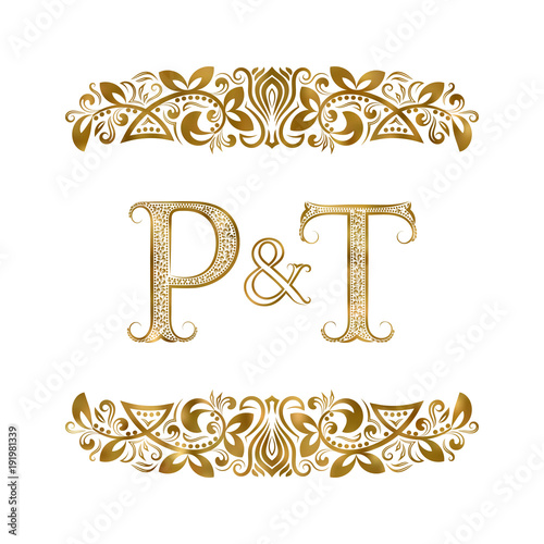 P and T vintage initials logo symbol. The letters are surrounded by ornamental elements. Wedding or business partners monogram in royal style.