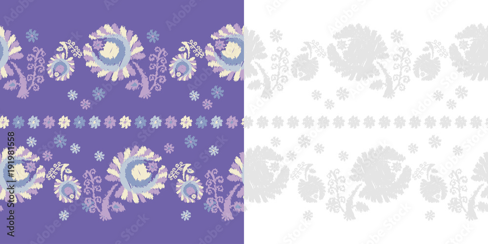 Set of 2 Seamless floral pattern. Flowers background. Embroidery on fabric. Scribble texture. Textile rapport.