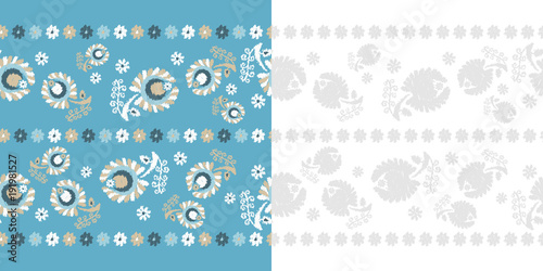 Set of 2 Seamless floral pattern. Flowers background. Embroidery on fabric. Scribble texture. Textile rapport.