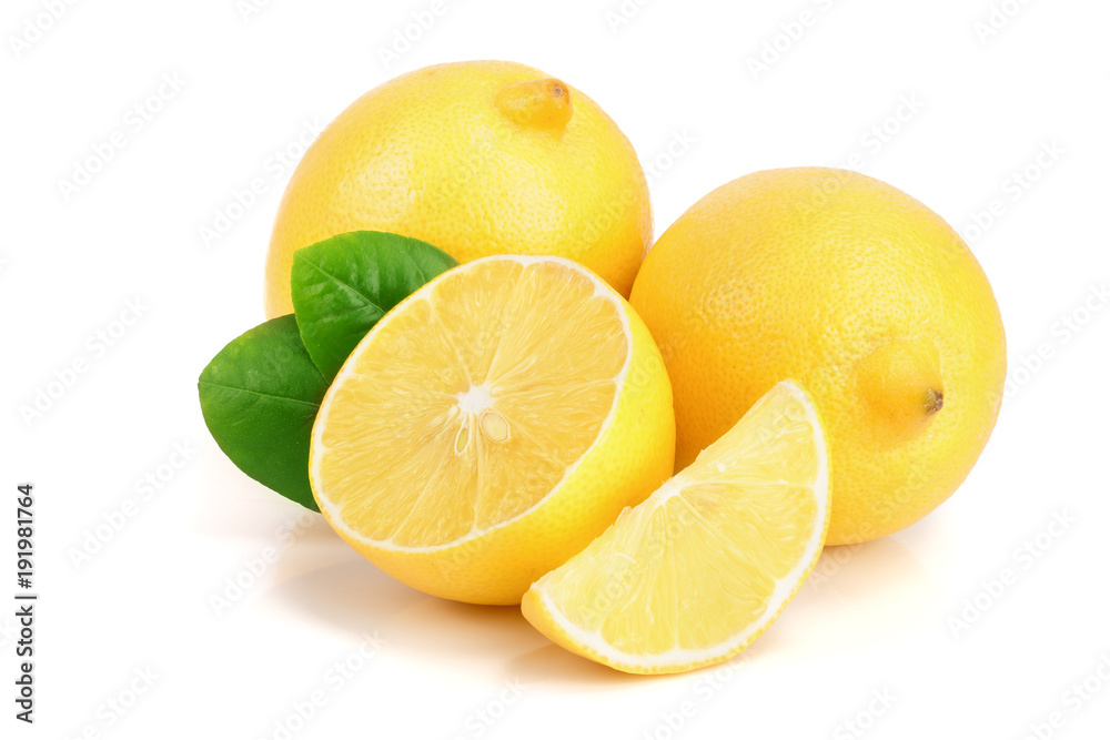 lemon and slice with leaf isolated on white background