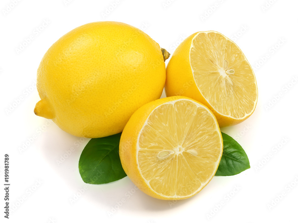 lemon and slice with leaf isolated on white background lemon and slice with leaf isolated on white background