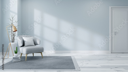 Scandinavian interior of living room concept, light gray sofa with gold lamp on white flooring and blue wall,3d rendering photo