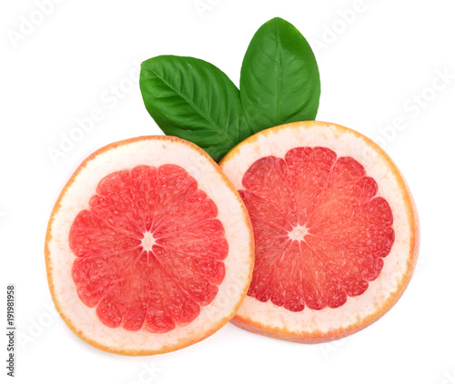 Grapefruit slices with leaves isolated on white background. Top view
