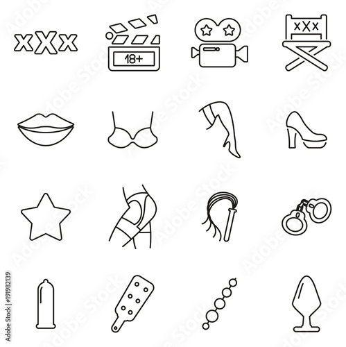 Adult Movie Set or Adult Movie Industry Icons Thin Line Vector Illustration Set