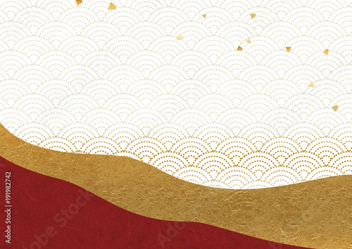 和風の華やかな背景　赤と金　青海波　金箔散らし　グラフィック素材