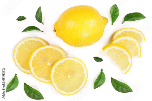 Murais de parede lemon and slices with leaf isolated on white background