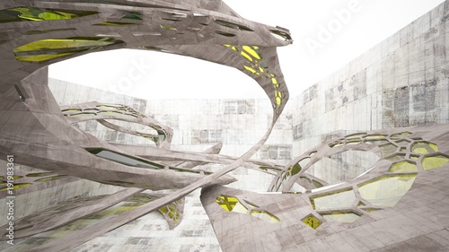 Abstract white and concrete interior with glossy green lines. 3D illustration and rendering.