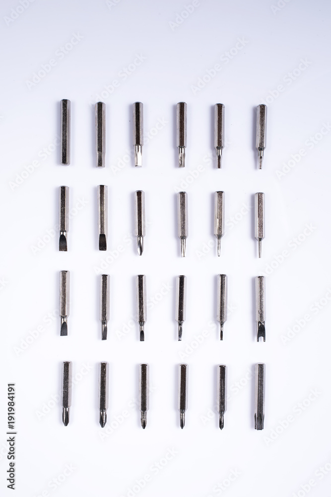 Group of screwdriver bit isolated on white background, Close up Group of screwdriver bit isolated on white background, Close up