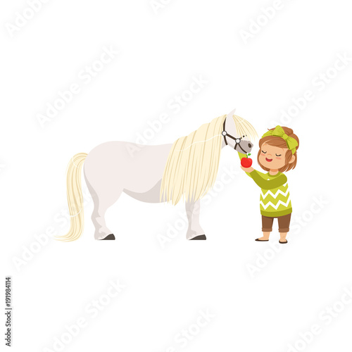 Lovely little girl taking care of her pony horse feeding it with red apple, kid taking care of her animal vector Illustration
