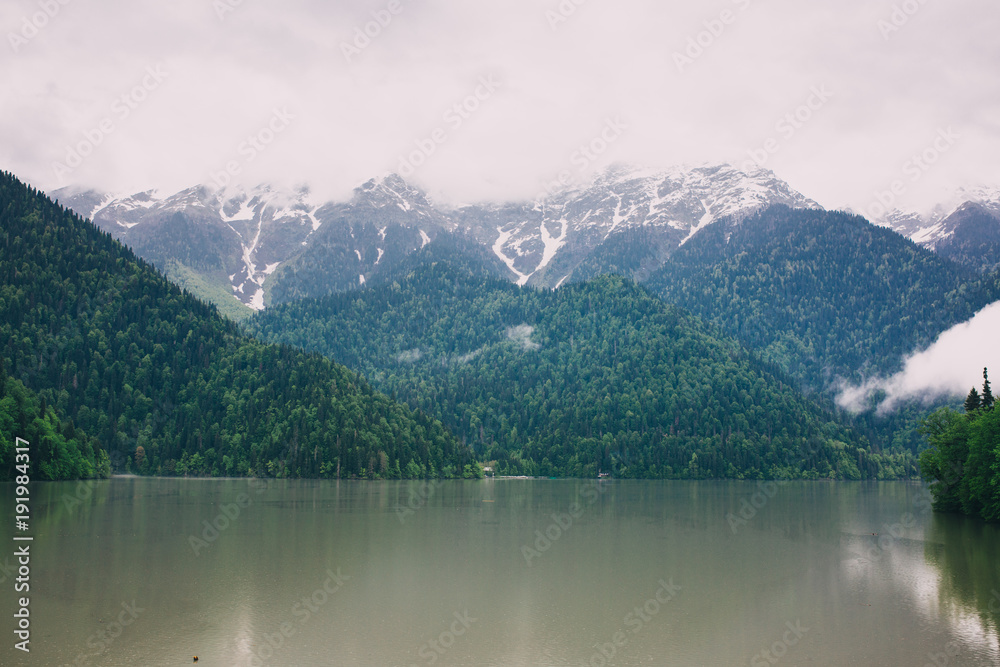 the lake and snow-capped mountains