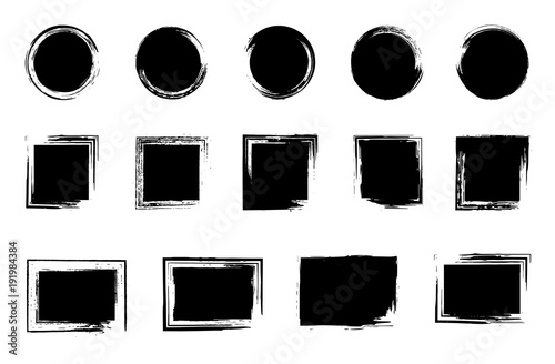 Grunge post stamp set, circles. Round, square, rectangular banners, backgrounds, boxes, frames, insignias, logos, icons, labels and badges collection. Vector grungy, distress textures. Blank shapes.
