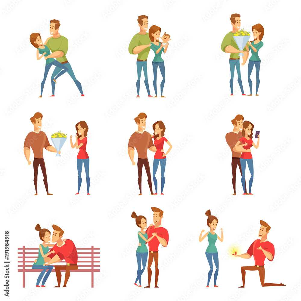 Happy loving couples together. Love and romance. Valentine's Day. Young people together, friendship and relationship. Vector illustration in a flat style. Happy loving couples together. Love and romance. Valentine's Day. Young people together, friendship and relationship. Vector illustration in a flat style.
