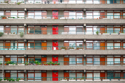 Facade of a housing block at Barbican estate in London