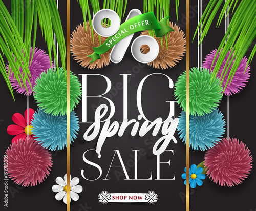 Spring sale background with beautiful colorful flower. Vector illustration. Wallpaper. flyers, posters, brochure, voucher discount. Spring sale banner with paper flowers for online shopping.