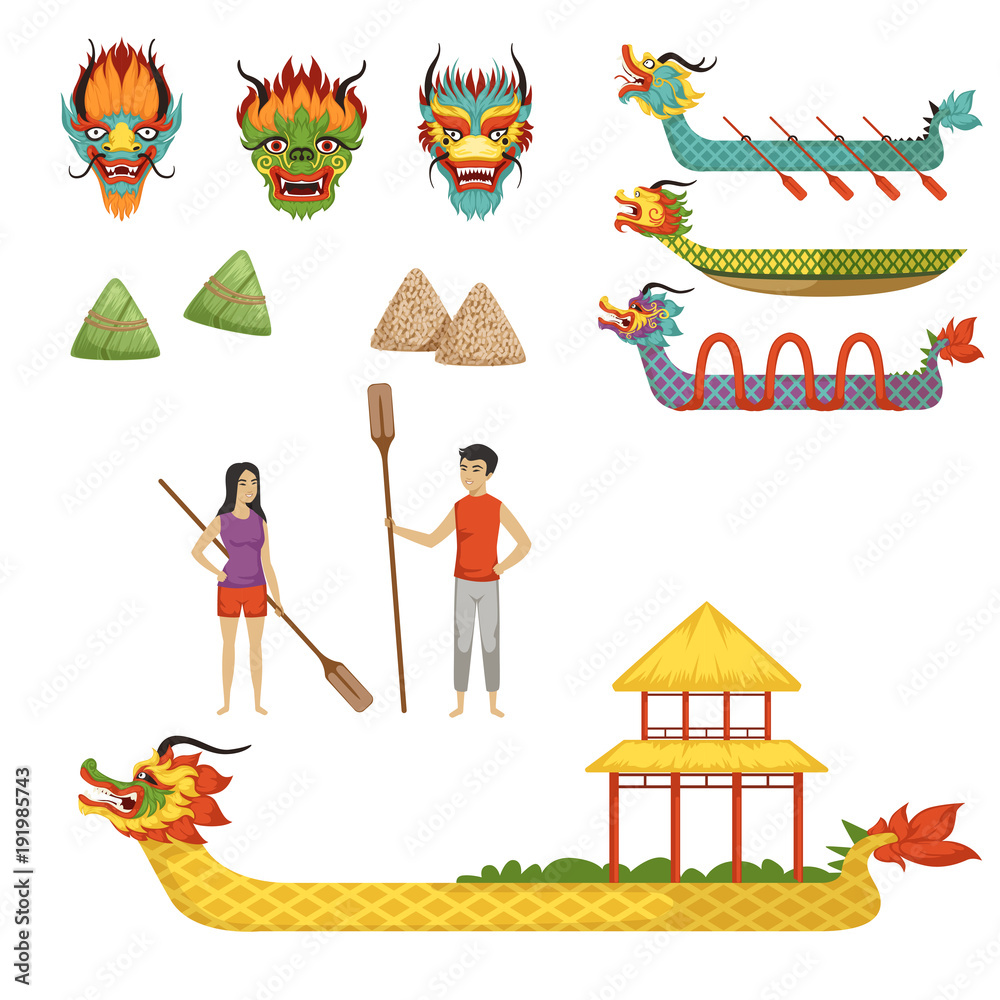 Obraz premium Dragon Boat Festival set of vector Illustrations on a white background