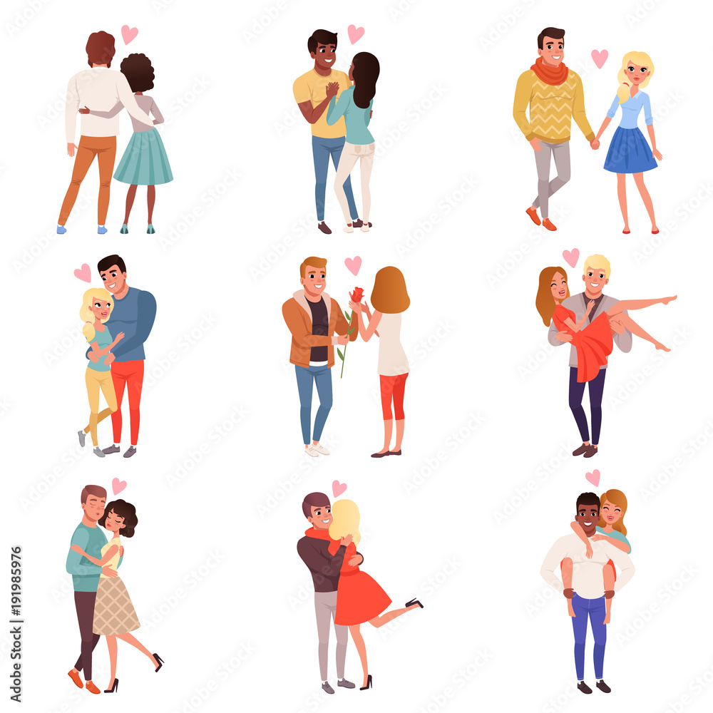 Young men and women characters in love hugging set, happy romantic loving couples cartoon vector Illustrations Young men and women characters in love hugging set, happy romantic loving couples cartoon vector Illustrations
