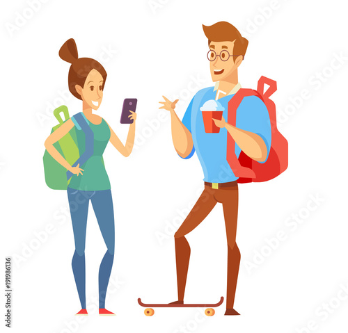 Male and female students. Young People talking to each other. Discussion, exchange of ideas. Vector set of characters. Illustration in a flat style isolated on white.