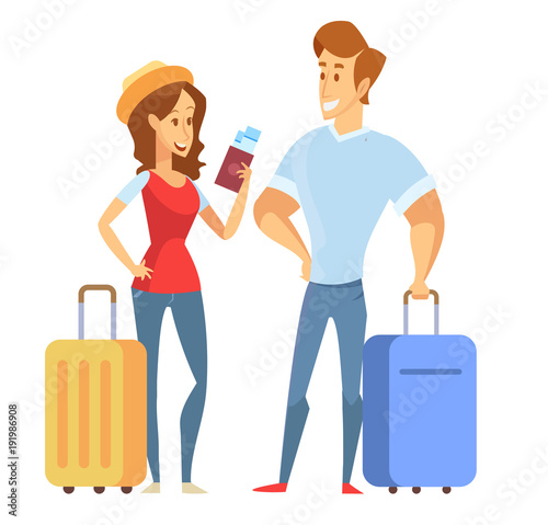 People traveling design. Happy couple travel together. Smiling man holding passport ready for vacation travel at the airport. Flat Vector illustration. Character design.