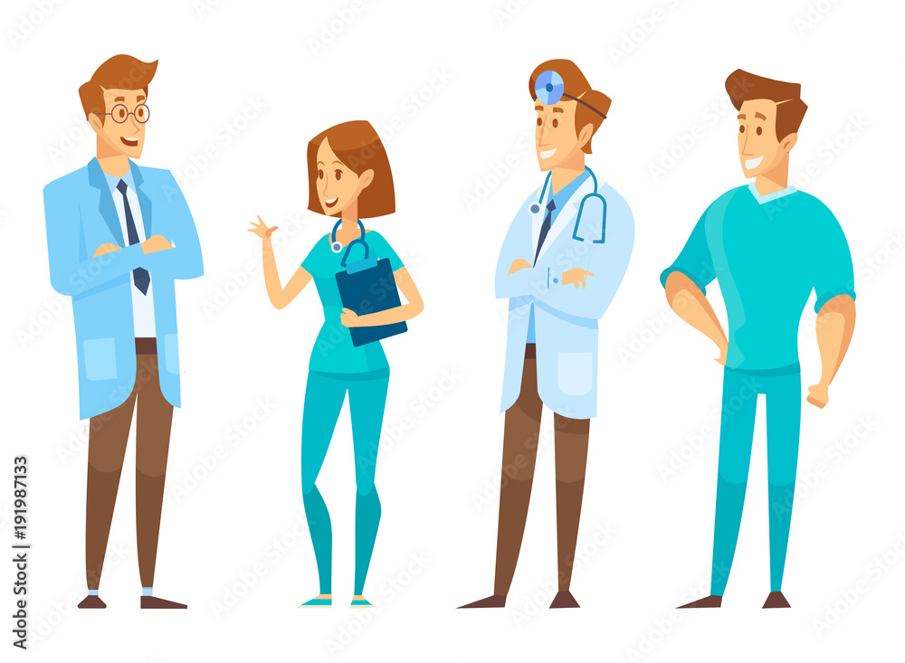 Male and female Doctors  talking to each other. Discussion, exchange of ideas. Team of medical workers on a white background. Hospital. Vector flat cartoon illustration.