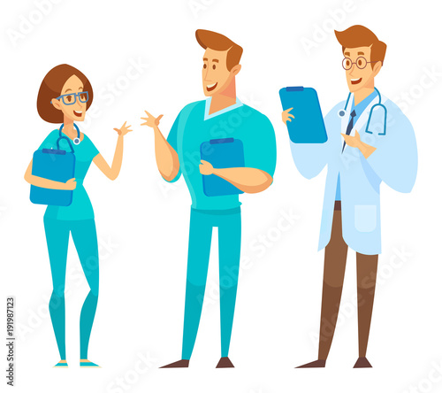 Male and female Doctors  talking to each other. Discussion, exchange of ideas. Team of medical workers on a white background. Hospital. Vector flat cartoon illustration.