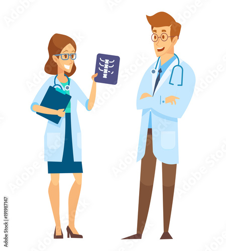 Male and female Doctors  talking to each other. Discussion, exchange of ideas. Team of medical workers on a white background. Hospital. Vector flat cartoon illustration.