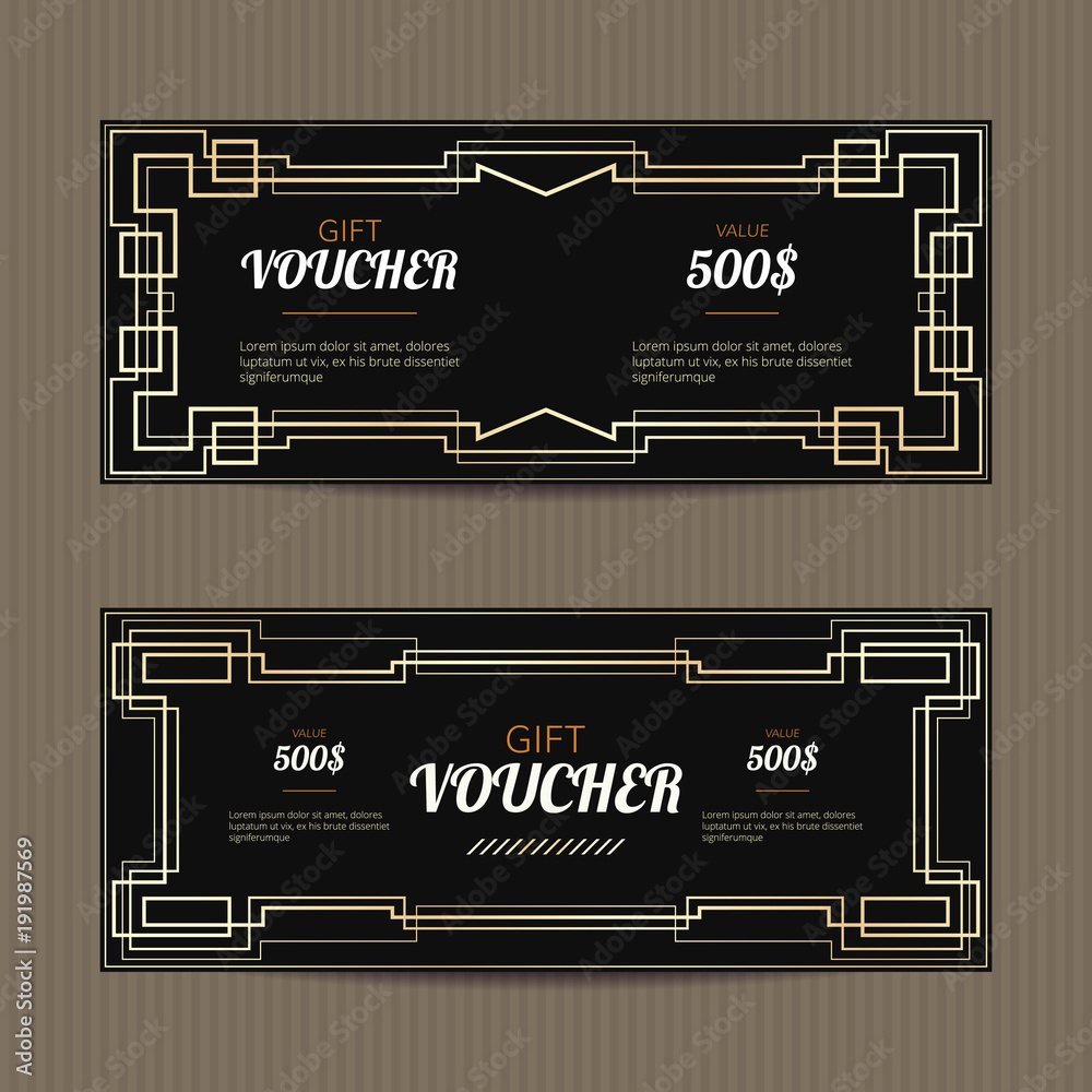 Fototapeta Set of two gift vouchers in Art Deco style. Gift card template. Coupon discount collection. Golden and black tickets.