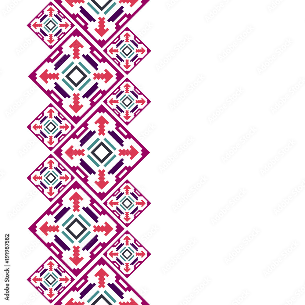 Tribal frame in american indian style. Seamless border for design. Ethnic tiled ornament on white background. Navajo pixel tiles.