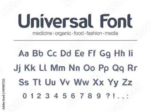Universal brand name font. Food, drink, organic product packaging, fashion media, medicine full abc alphabet. Letters, numbers for pharmacy, restaurant, business logo design. Modern vector typeface