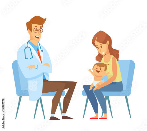 Mother with a little child visiting a doctor. Pediatrician. The doctor with statoscope, kid sits in on her mother's lap. Vector illustration in a flat style. 